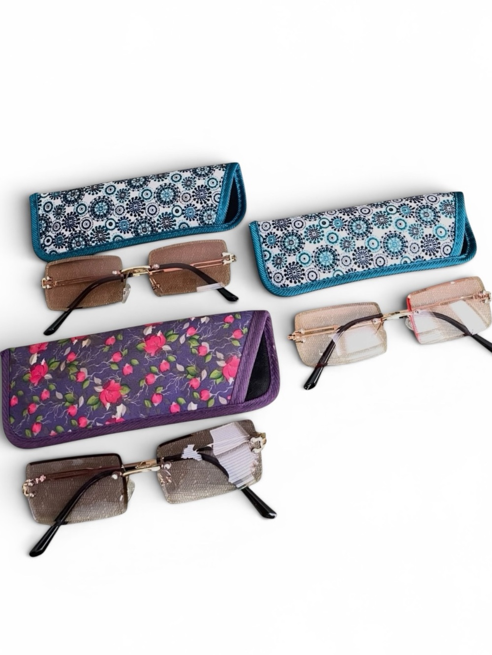 Three Pairs New Women’s Fashion Rimless Sunglasses & Tinted Glasses & Pouches